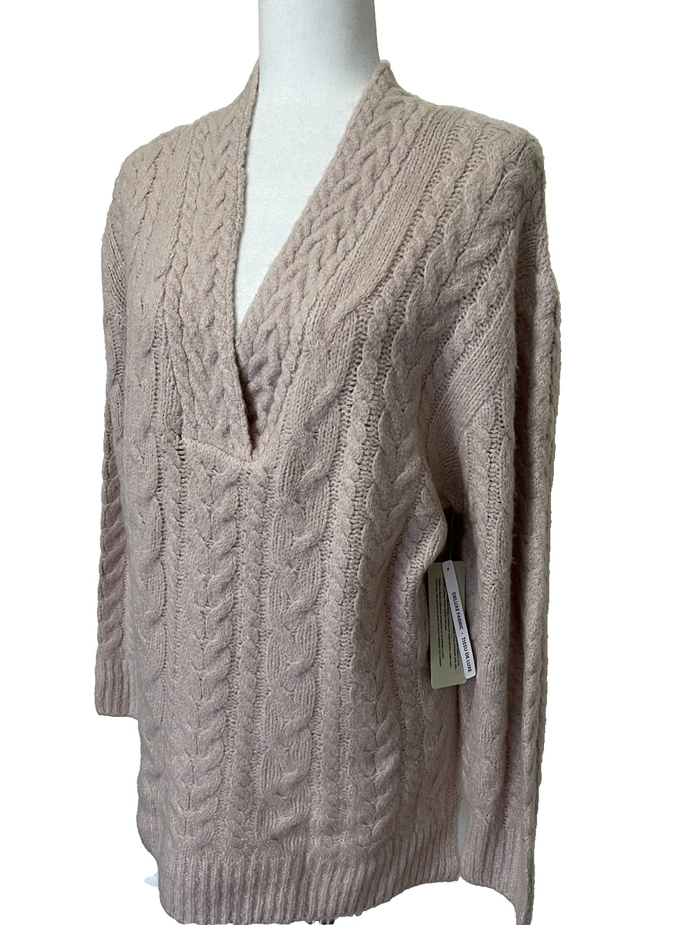 Cloth pink Cloud tunic cable knit sweater knitted women V neck Medium A003080